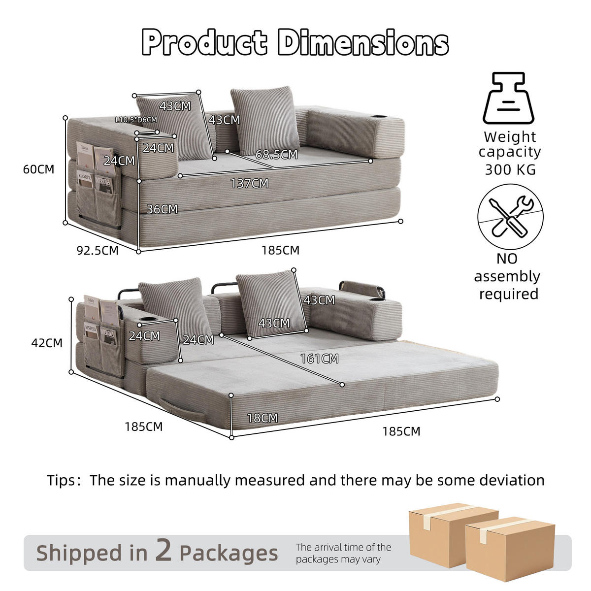 SCHLAFSOFA DE-33520 faltbar mit Becherhalter und Seitentasche Hellgrau - Hellgrau, Textil (185/60/92.5cm) - ComfortXL