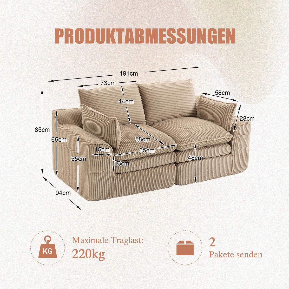 2-SITZER SOFA Cord Khaki mit Kissen und Seitentaschen - Hellbraun, Textil (191/85/94cm) - WISHDOR
