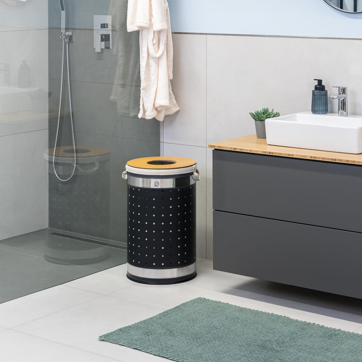 WÄSCHETONNE 50 Liter, schwarz - Schwarz, Metall (35.5/57.5/35.5cm) - eluno