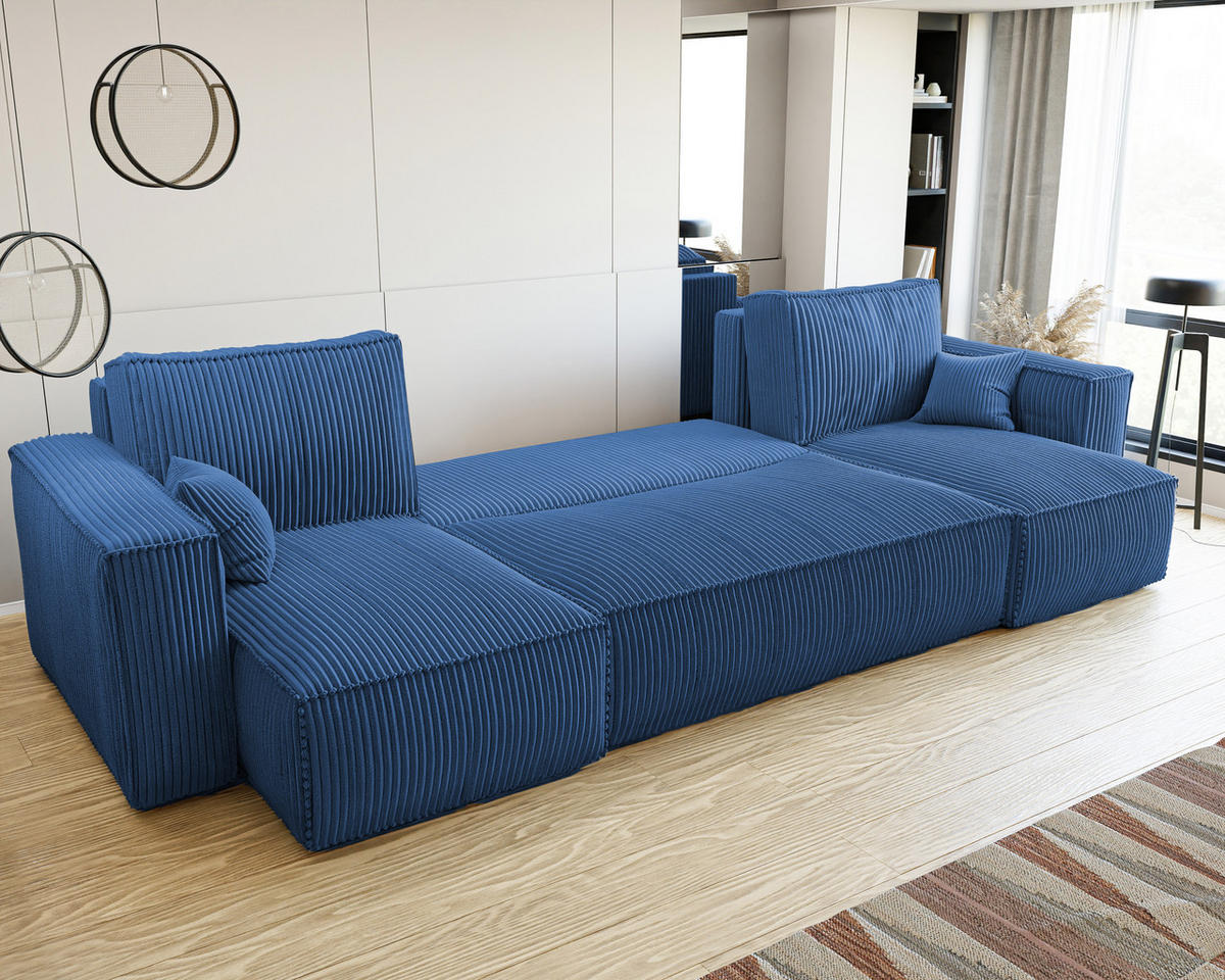ECKSOFA mit Schlaffunktion und Bettkasten, Blau - Blau, Holzwerkstoff/Textil (312/145cm) - Idohome
