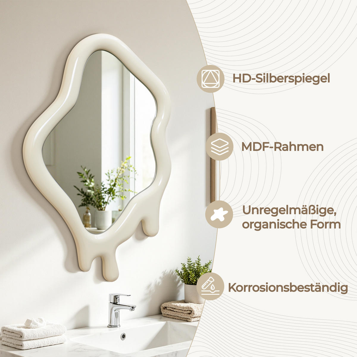 ASYMMETRISCHER Spiegel mit Holzrahmen 75×50 cm - Creme, Glas/Holz (50/3.5/75cm)