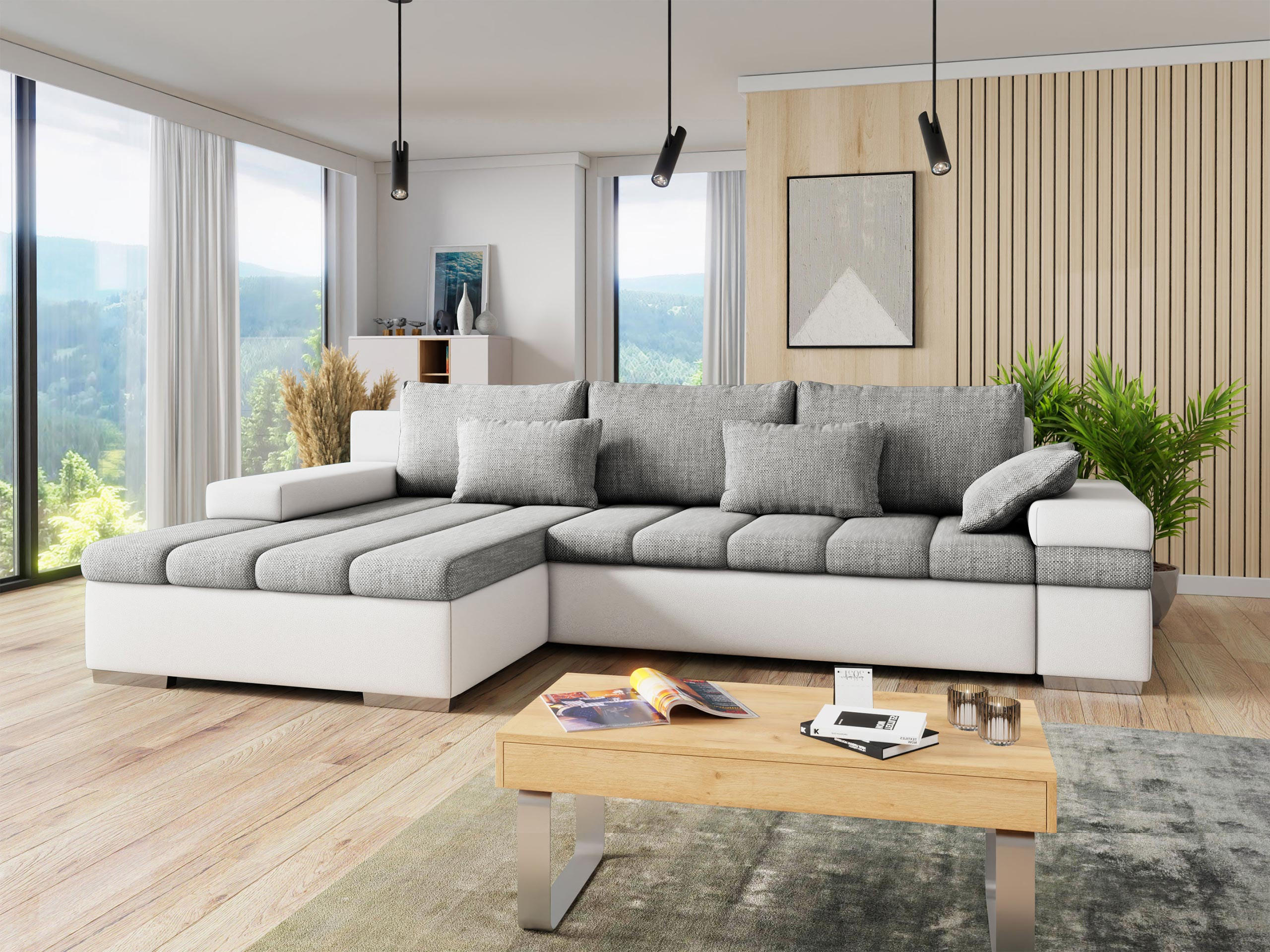 ECKSOFA Bangkok, Seite: Links - Silberfarben/Weiß, Holz/Textil (310/175cm) - MIRJAN24