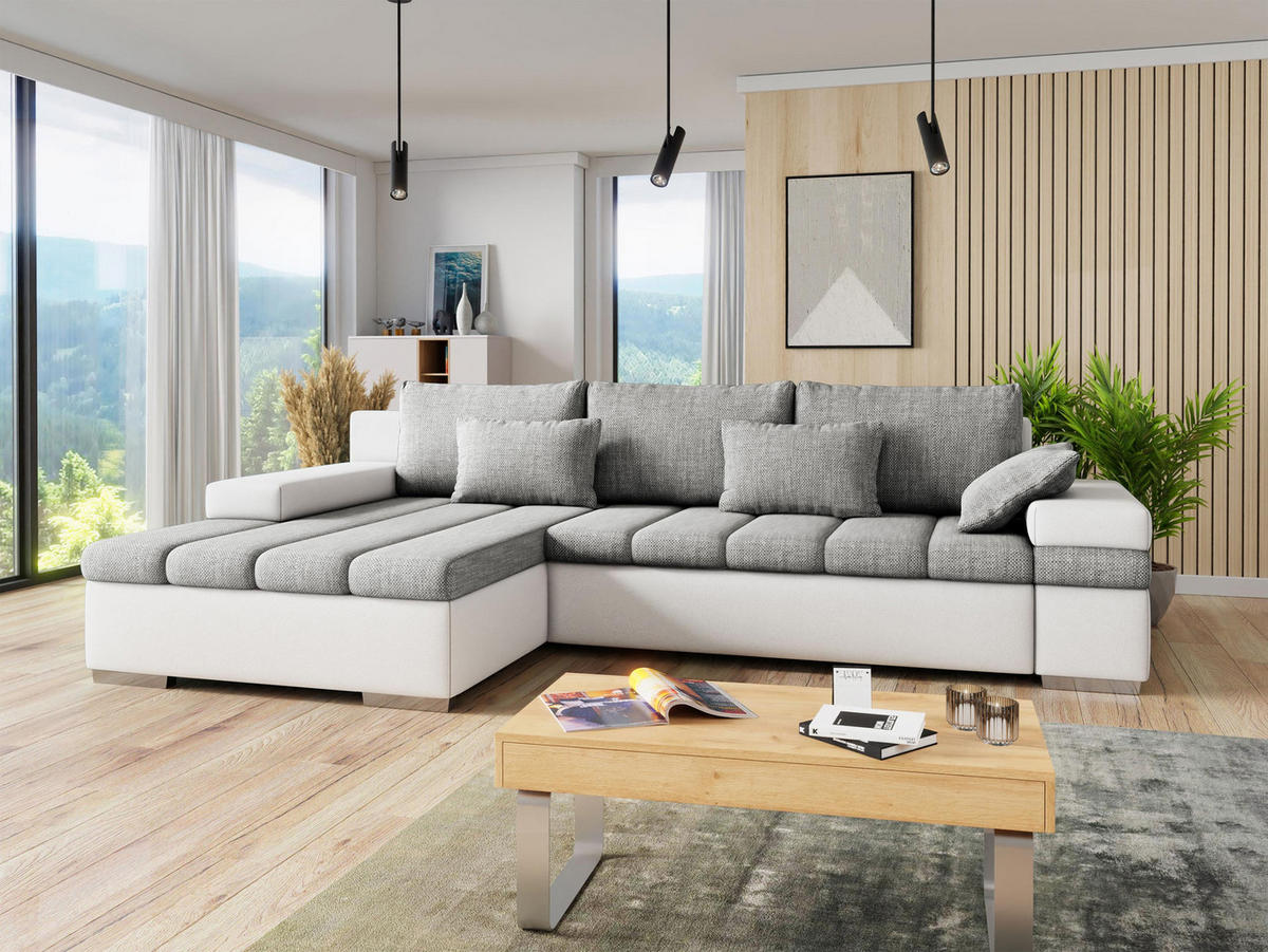 ECKSOFA Bangkok, Seite: Links - Silberfarben/Weiß, Holz/Textil (310/175cm) - MIRJAN24