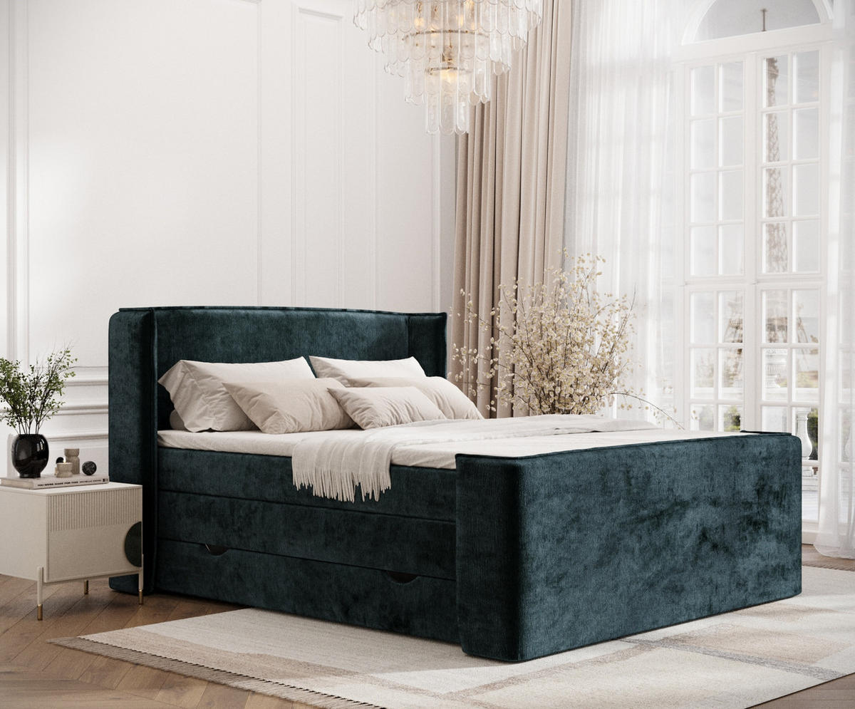 BOXSPRINGBETT Freeland Dunkelgrün 140/200 cm mit Matratze und Topper - Dunkelgrün/Schwarz, Holz/Holzwerkstoff (140/200cm) - Maison de Reve