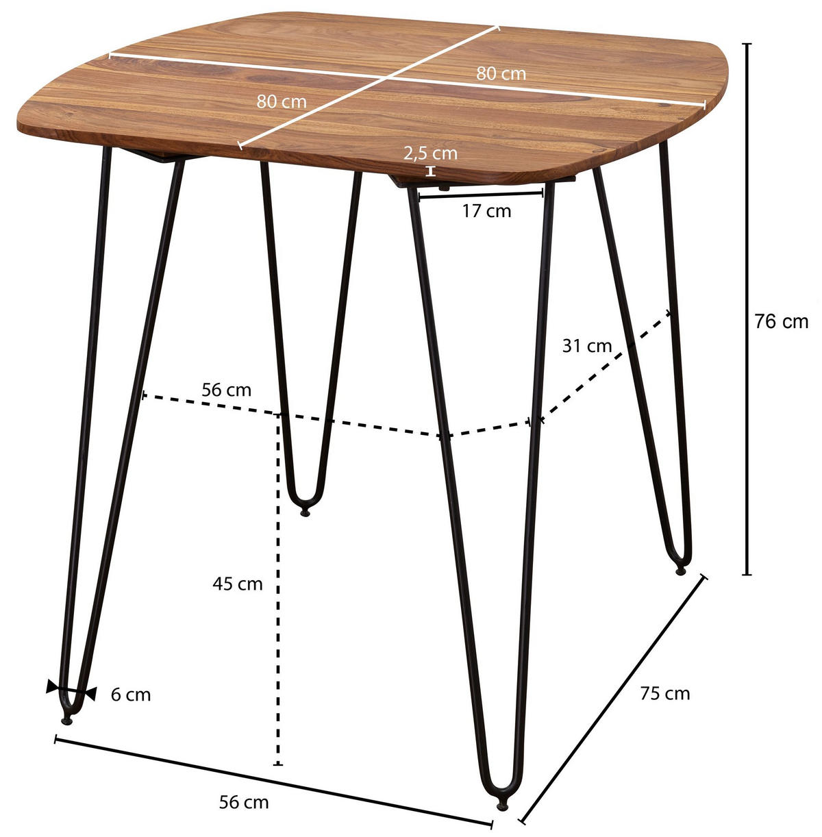 ESSZIMMERTISCH – Massivholz Braun 80x80x76 cm Modern abgerundete Ecken - Schwarz/Braun, Holz/Metall (80/80/76cm) - KADIMA DESIGN