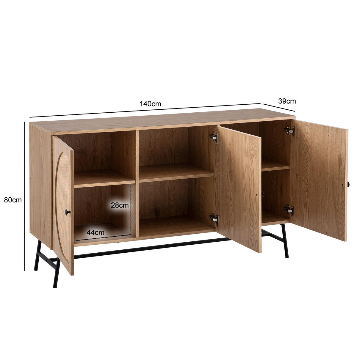 SIDEBOARD – Eiche-Dekor/Rattan, 140x80x39 cm, 3 Türen, hoch - Schwarz/Braun, Holzwerkstoff/Metall (140/80/39cm) - KADIMA DESIGN
