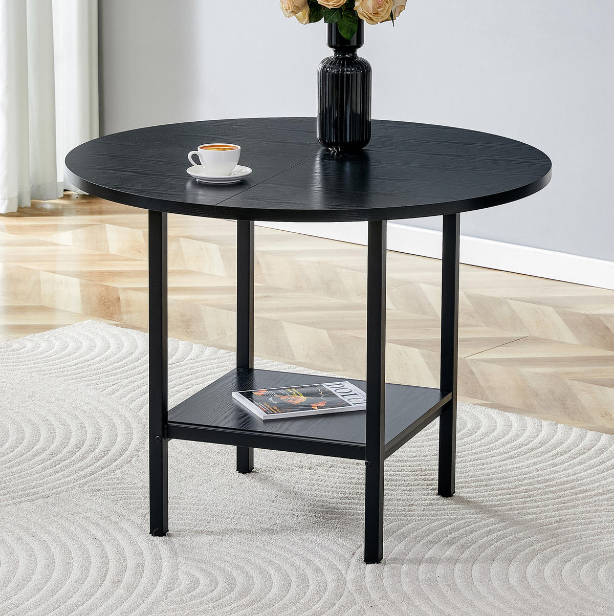 ESSTISCH aus MDF und Metall 100x100x77 cm Schwarz mit Stauraumablage, rundes Design für 4-6 Personen - Schwarz, Holzwerkstoff (100/100/77cm) - Modfu