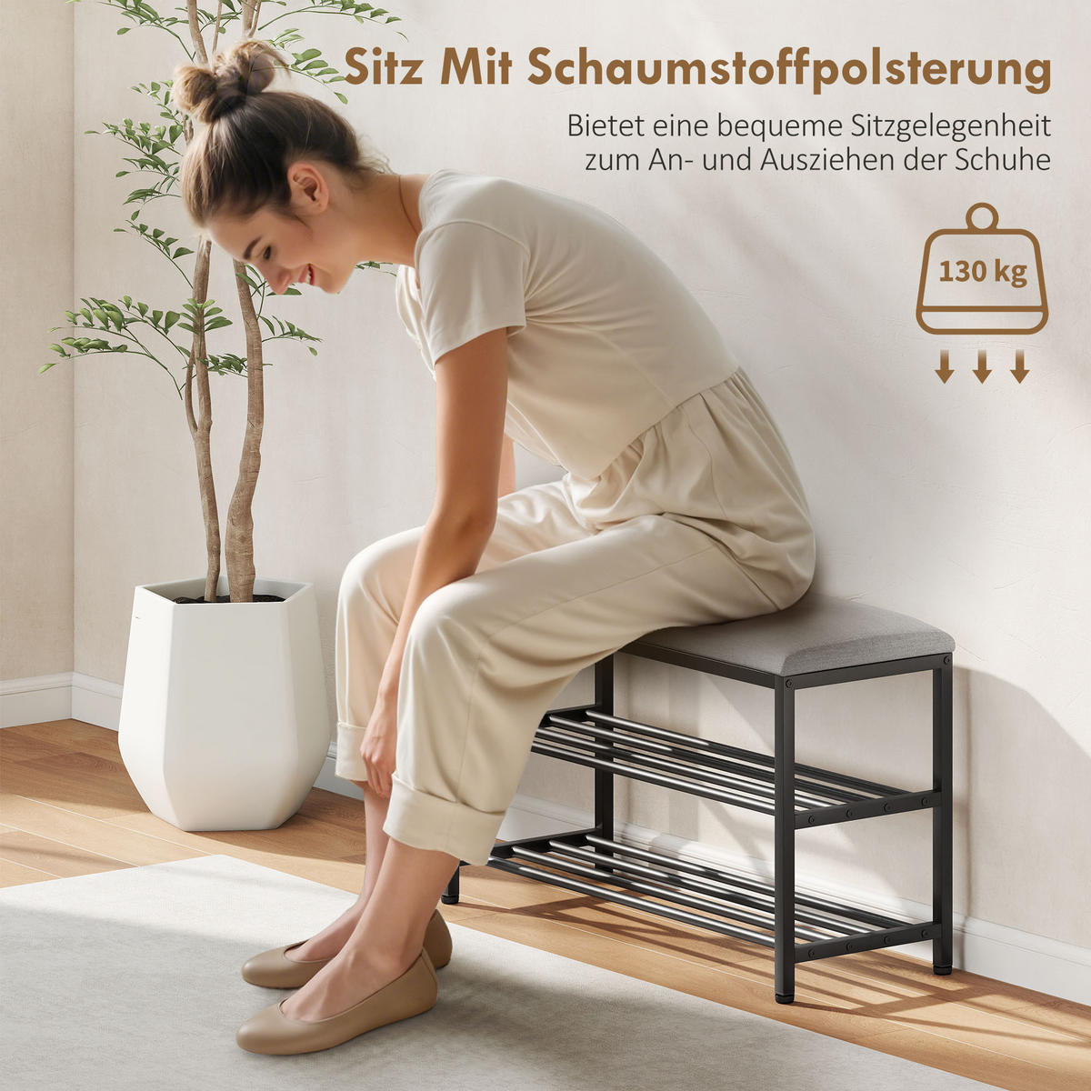 SCHUHBANK mit Sitzfläche, Sitzbank mit Stauraum, Schuhregal mit 2 offene Fächer - Dunkelgrau/Schwarz, Metall (31/50/81cm) - HOMCOM