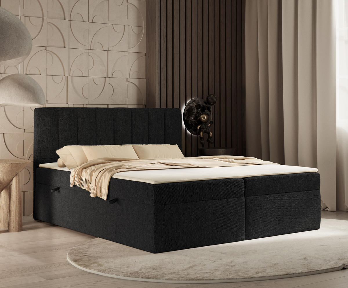 BOXBETT Novento Schwarz 140/200 cm mit Matratze und Topper - Schwarz, Holz/Holzwerkstoff (140/200cm) - Maison de Reve