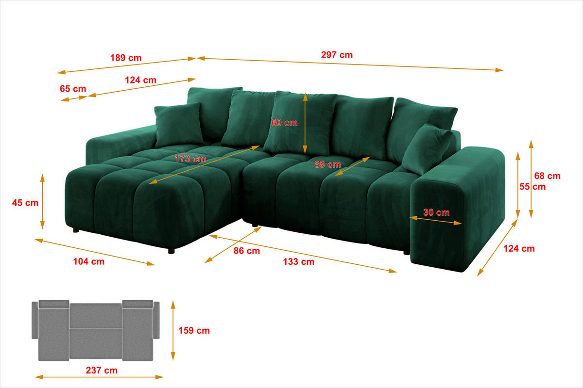 ECKSOFA Ottomane links ENIL-L 297x189x68 Dunkelgrün Velours - Dunkelgrün, Holzwerkstoff/Kunststoff (297/189cm) - ALTDECOR
