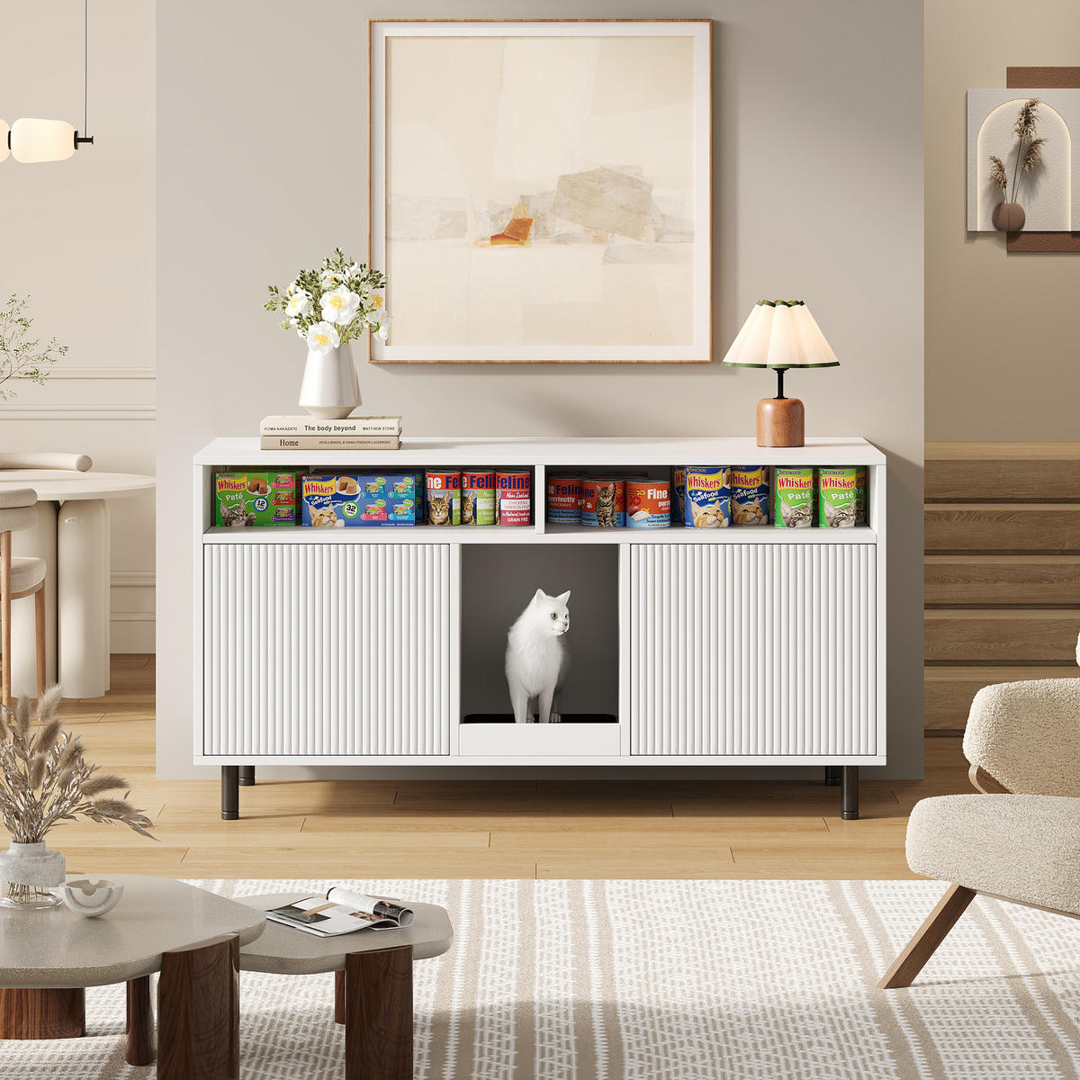 SIDEBOARD Weiß, 120/50/66 cm, mit Ablagefächern und Streuauffangmatte - Walnussfarben/Weiß, Holzwerkstoff/Metall (120/66/50cm) - CHICFURN