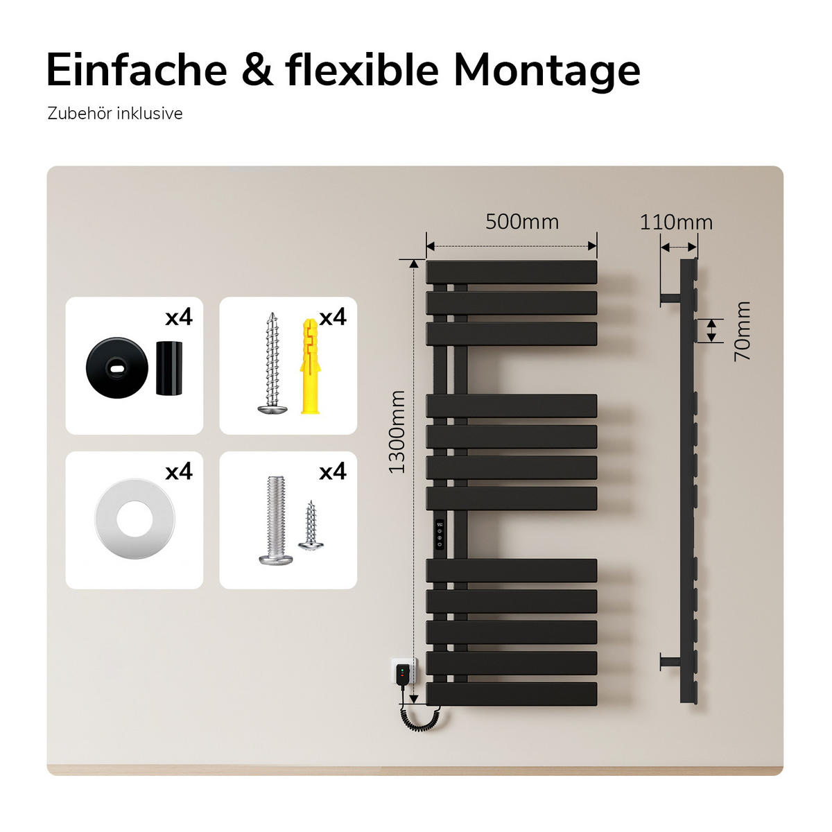 HEIZKÖRPER Elektrisch WLAN Thermostat Schwarz 130/50 cm - Schwarz, Metall (50/130/11cm) - EMKE