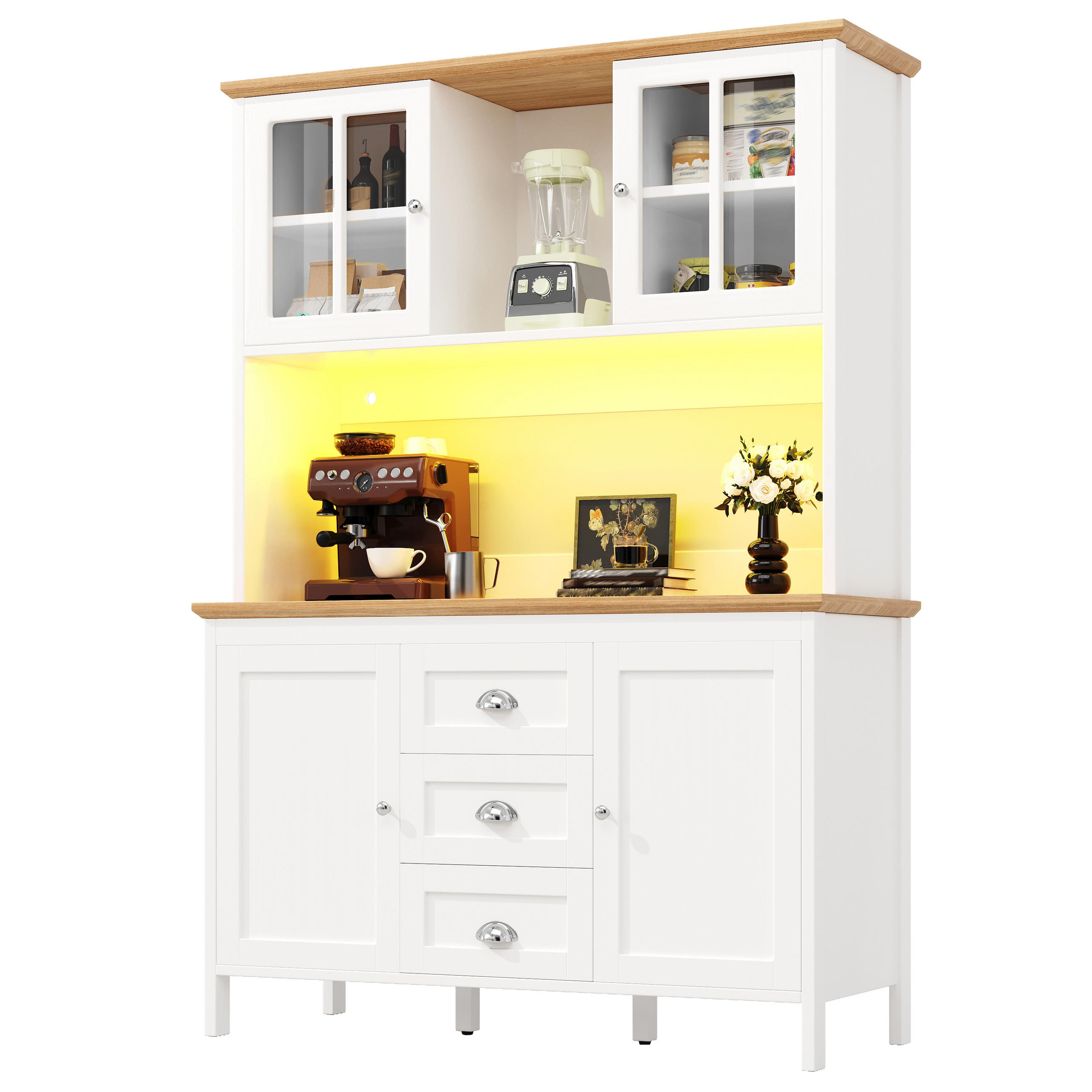 ANRICHTENSCHRANK 120x40x179 cm, 4 Türen, 3 Schubladen, LED-Beleuchtung, Weiß, MDF/METALL - Weiß, Holzwerkstoff (120/179/40cm) - FOHERE