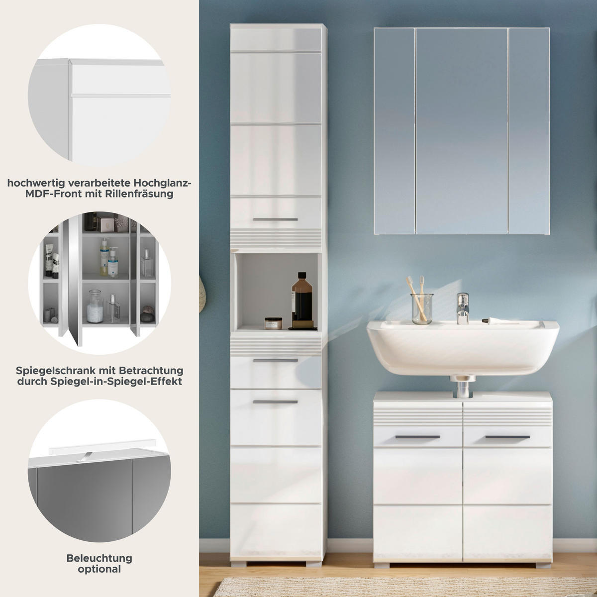 BADMÖBEL Set Linus 3tlg. Bad Kombination in Weiß o. Schwarz (B/H/T: 105x182x34 cm) - Weiß, Holz (105/182/34cm)