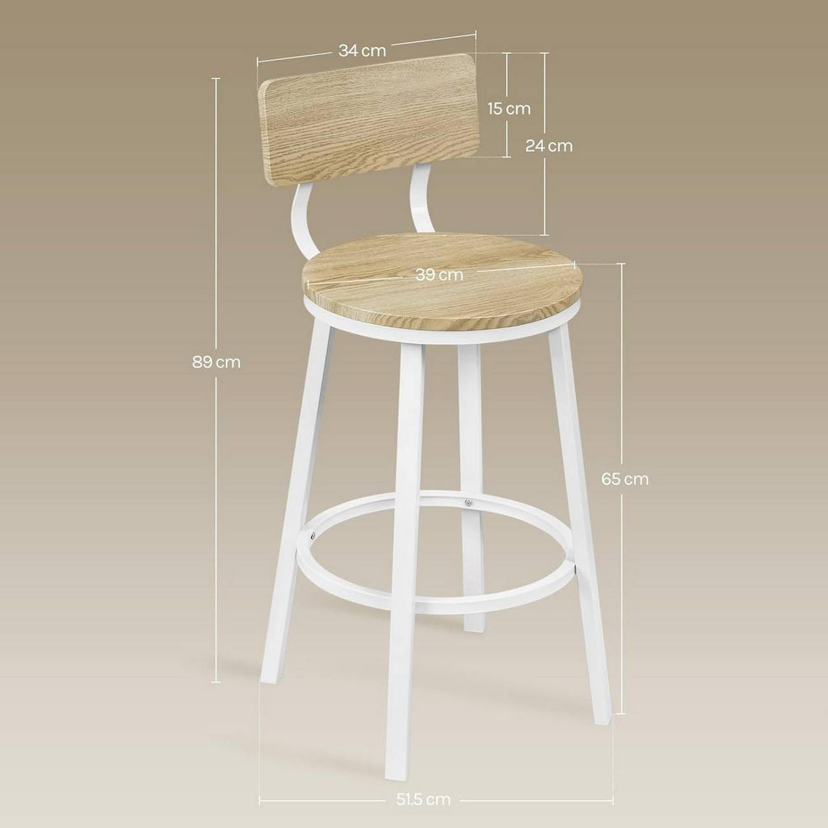 BARHOCKER 2er Set, Metallgestel, Helle Holzoptik - Eichefarben/Weiß, Holzwerkstoff/Metall (51.5/89/51.5cm) - Woltu