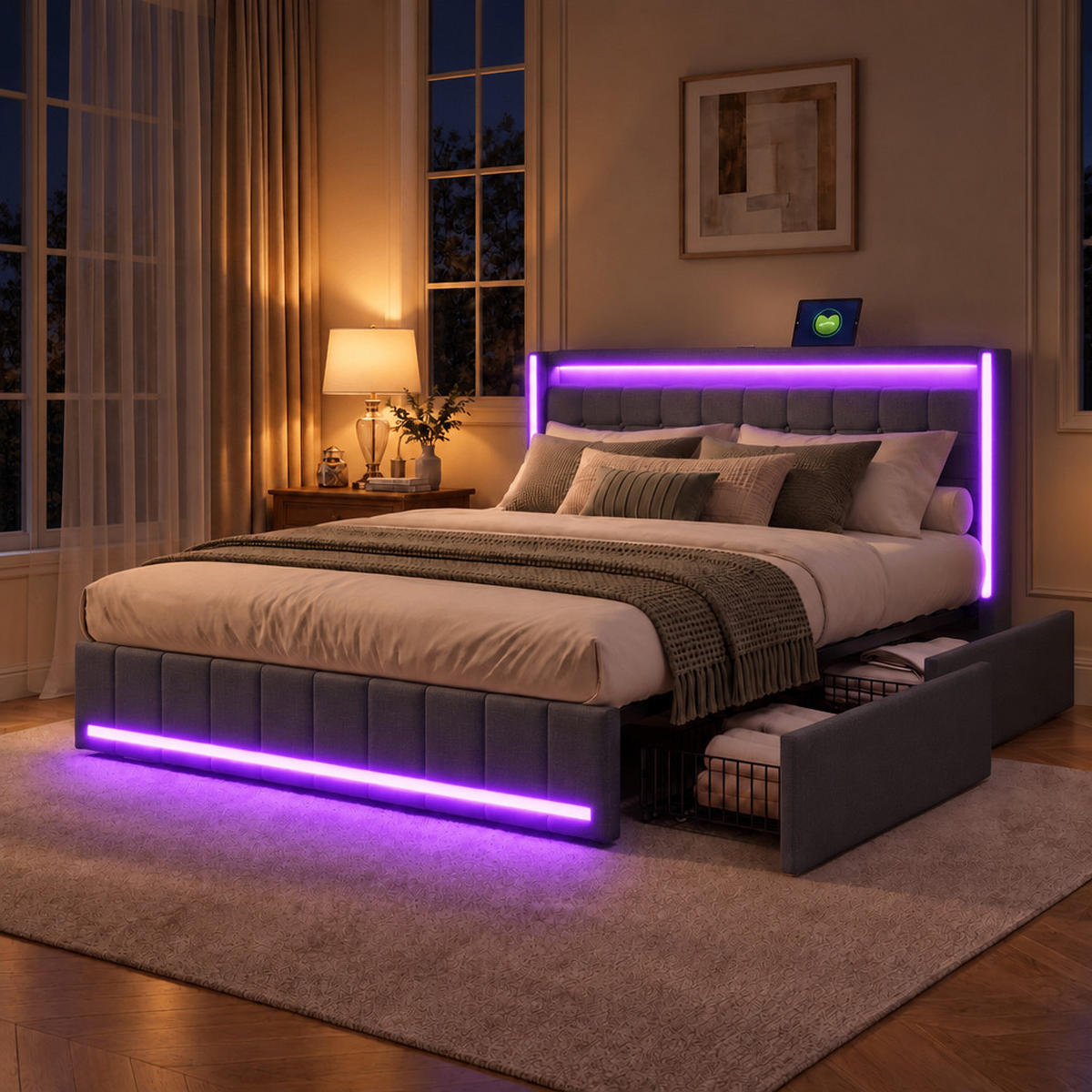 POLSTERBETT，BETT 160/200 cm Dunkelgrau,Mit 4 Schubladen, LED und Ladefunktion - Naturfarben/Grau, Holz/Textil (160/200cm) - FURNISHINGS HOME