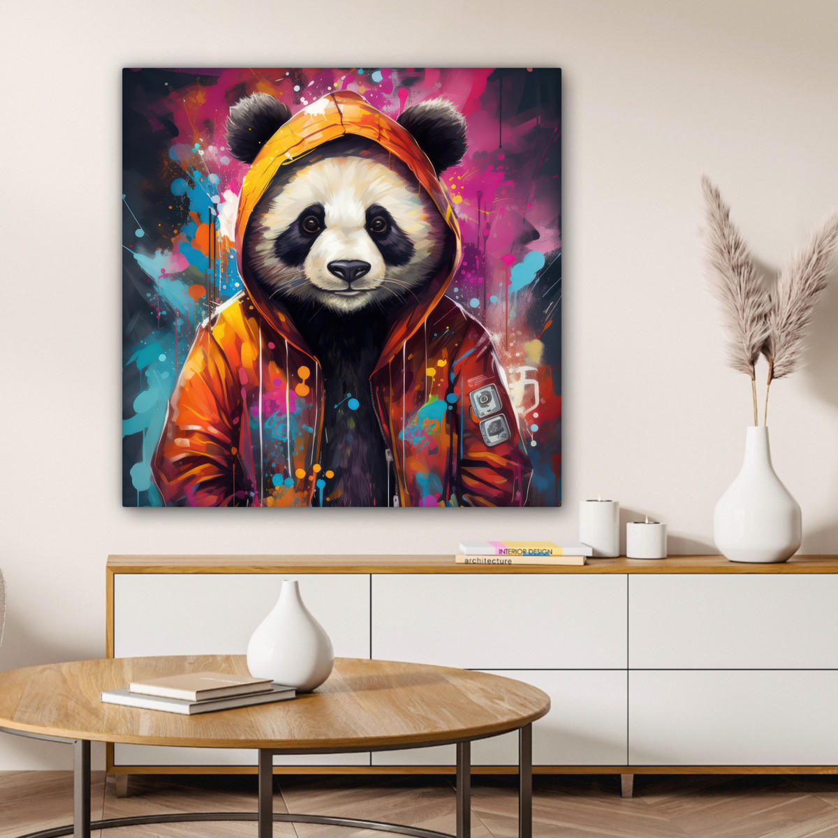 LEINWANDBILD Panda - Jacke - Graffiti - Orange Deko Groß 90x90 cm - Orange, Textil (90/90cm) - MuchoWow