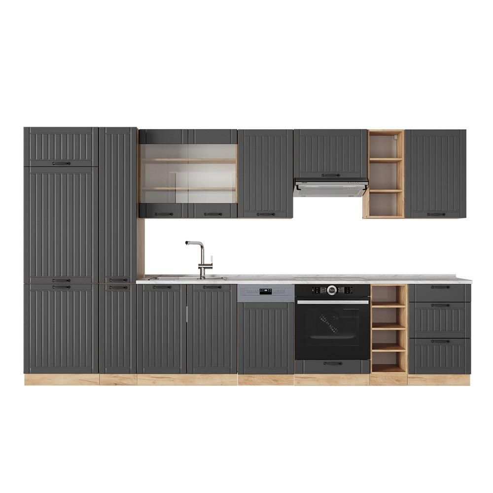 KUHINJA Fame-Line Temno siva 355 cm , DP Marmor - temno siva/medeni hrast, leseni material (355/81.6/60cm) - Vicco