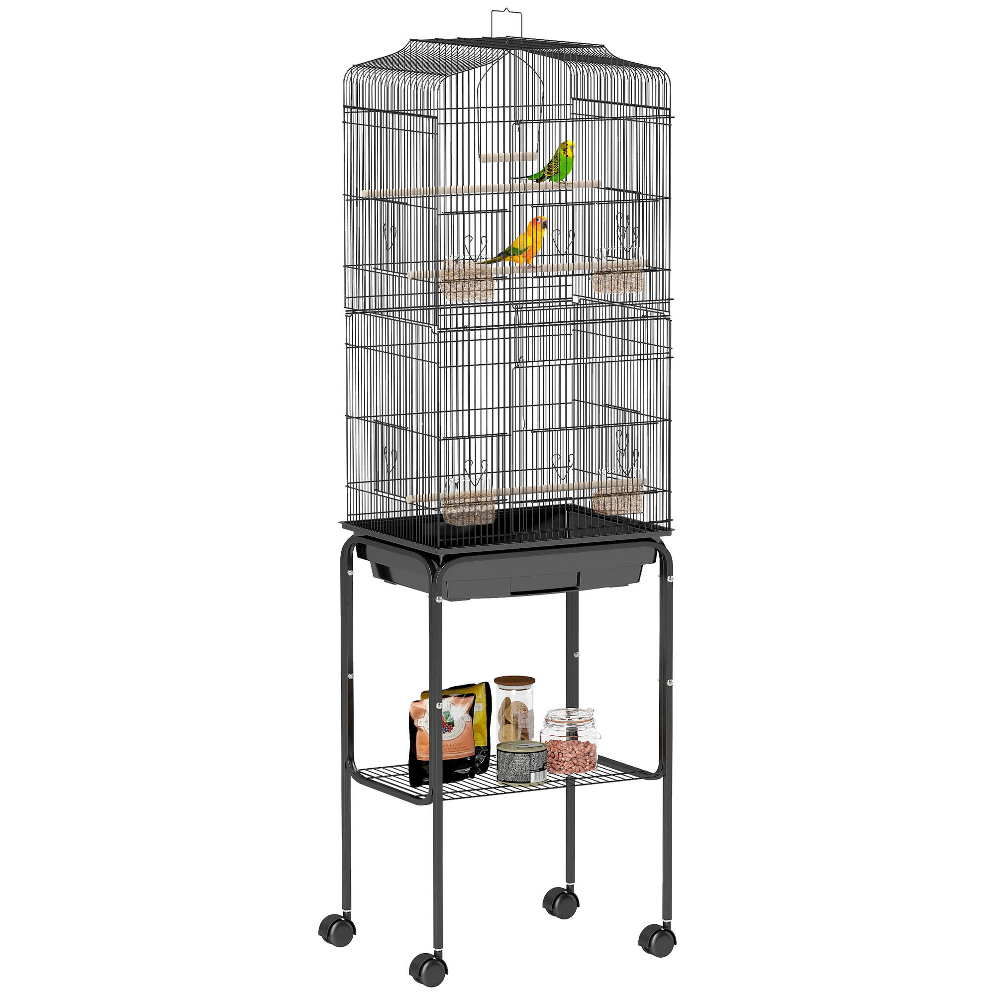 VOGELKÄFIG DE-17839 auf Rollen mit Dachöffnung & Ablage Schwarz - Schwarz, Metall (91.44/398.78/118.11cm) - ComfortXL