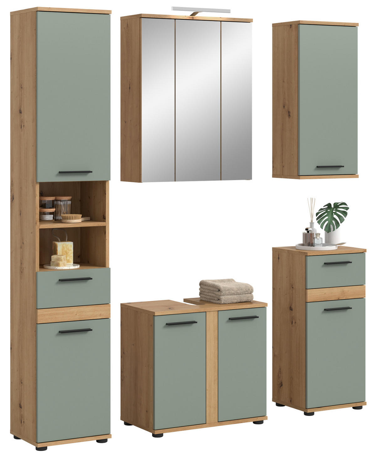 BADMÖBEL-SET Salbei grün, Eiche Artisan 164 cm 5-teilig, Badkombination inklusive LED Beleuchtung - Salbeigrün/Schwarz, Glas/Holzwerkstoff (164/191/34cm) - Inn.Furn