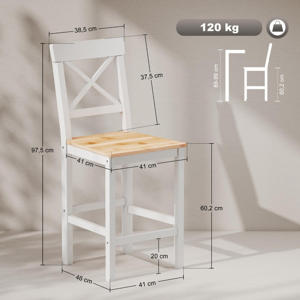 BARHOCKER DE-36067 2er Set mit Kiefernholz im Landhaus-Stil Natur - Weiß, Holz (41/97.5/46cm) - ComfortXL