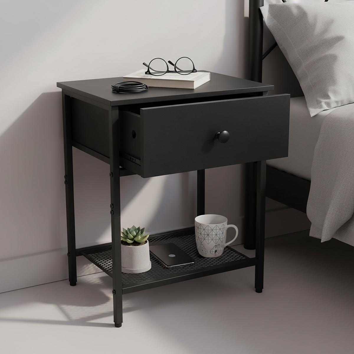 2XNACHTTISCH - Schwarz, Holzwerkstoff/Textil (40/55/30cm) - Relaxdays