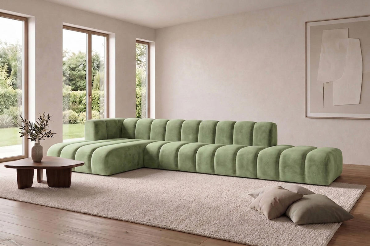 ECKSOFA Modulares In L-Form Mit Hocker, Velvet-Stoff Riviera, Olive, Links, GRAND - Olivgrün, Holz (386/179cm) - Kaiser Möbel