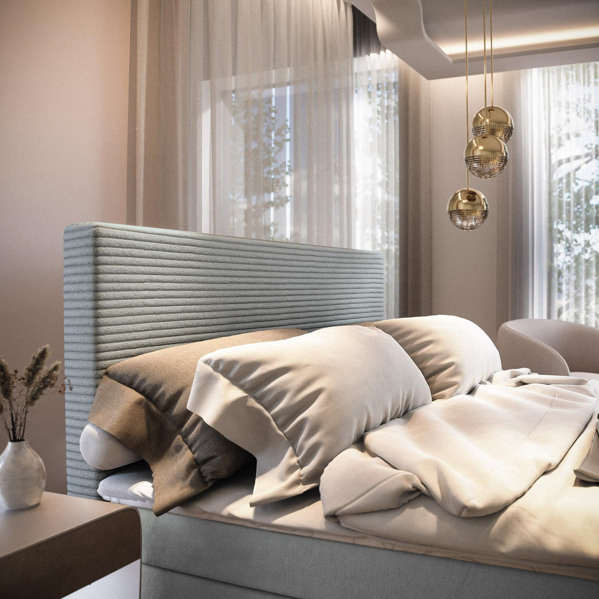 BOXBETT GIARRO 180x200 cm mit Matratze und Topper - Hellgrau - Hellgrau, Holz (180/200cm) - MASSENO