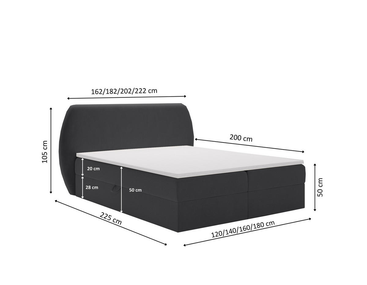 BOXBETT Bloom mit abgerundetem Kopfteil, Stoff Komodo Schwarz 120x200 cm - Schwarz, Holz (120/200cm) - Kaiser Möbel