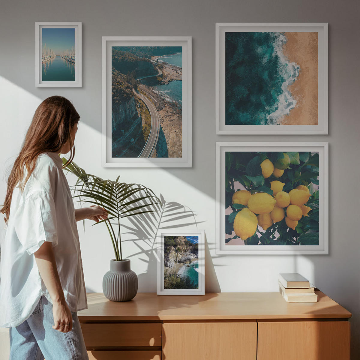 WANDBILDER 5er-Set - 50x50 cm & 20x30 cm & 40x60 cm Weißer Rahmen - Straßen am Meer, ein Meer aus Zitronen - Weiß, Kunststoff (40/60cm) - ArtPrintCave