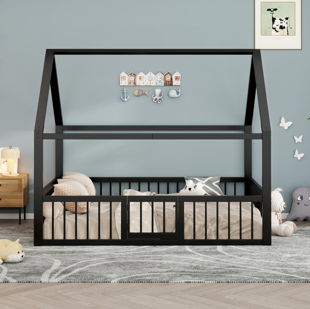 KINDERBETT 140/200 cm schwarz aus Metall mit Dach und Gitter - Schwarz, Metall (140/200cm) - OKWISH