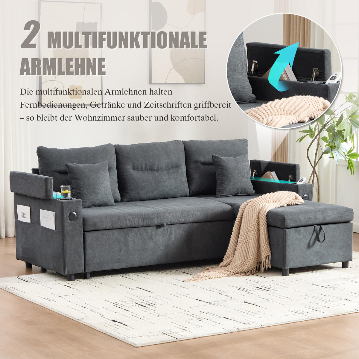 ECKSCHLAFSOFA 3-Sitzer Leinen mit USB-Anschluss und Stauraum Dunkelgrau 212,5/136/86 cm - Dunkelgrau, Textil (136/212.5cm) - Redom