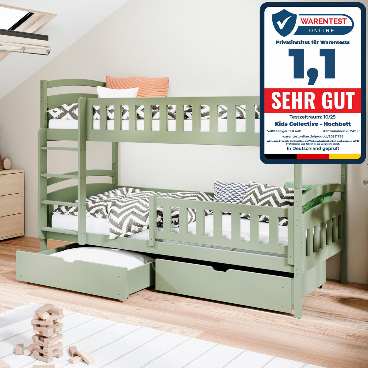 ETAGENBETT 90x200 cm mit zwei Schubladen & zwei Matratzen in Olivgrün - Olivgrün, Holzwerkstoff (90/200cm) - Kids Collective