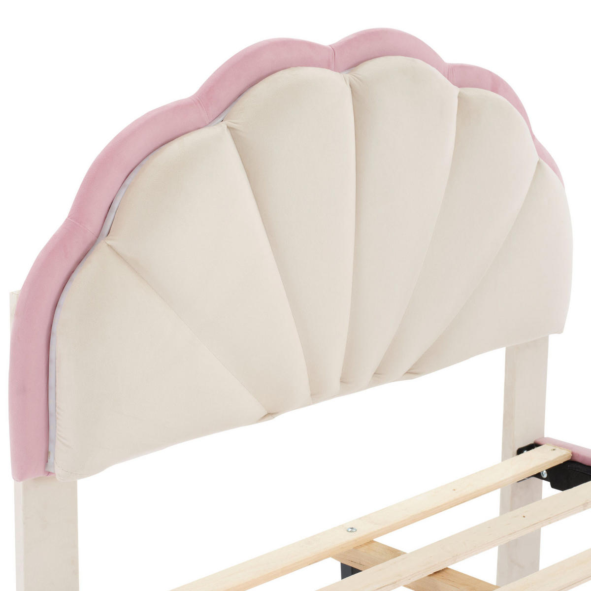 POLSTERBETT aus Samt 90x200 cm Beige/Rosa mit LED-Beleuchtung, wellenförmigem Kopfteil und Holzlattenrost - Weiß, Textil (90/200cm) - Modfu