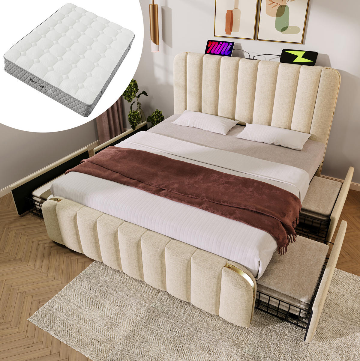 POLSTERBETT mit Matratze USB/Typ-C 140x200 cm Beige Leinen 4 Schubladen - Beige, Metall (140/200cm) - Meubliv