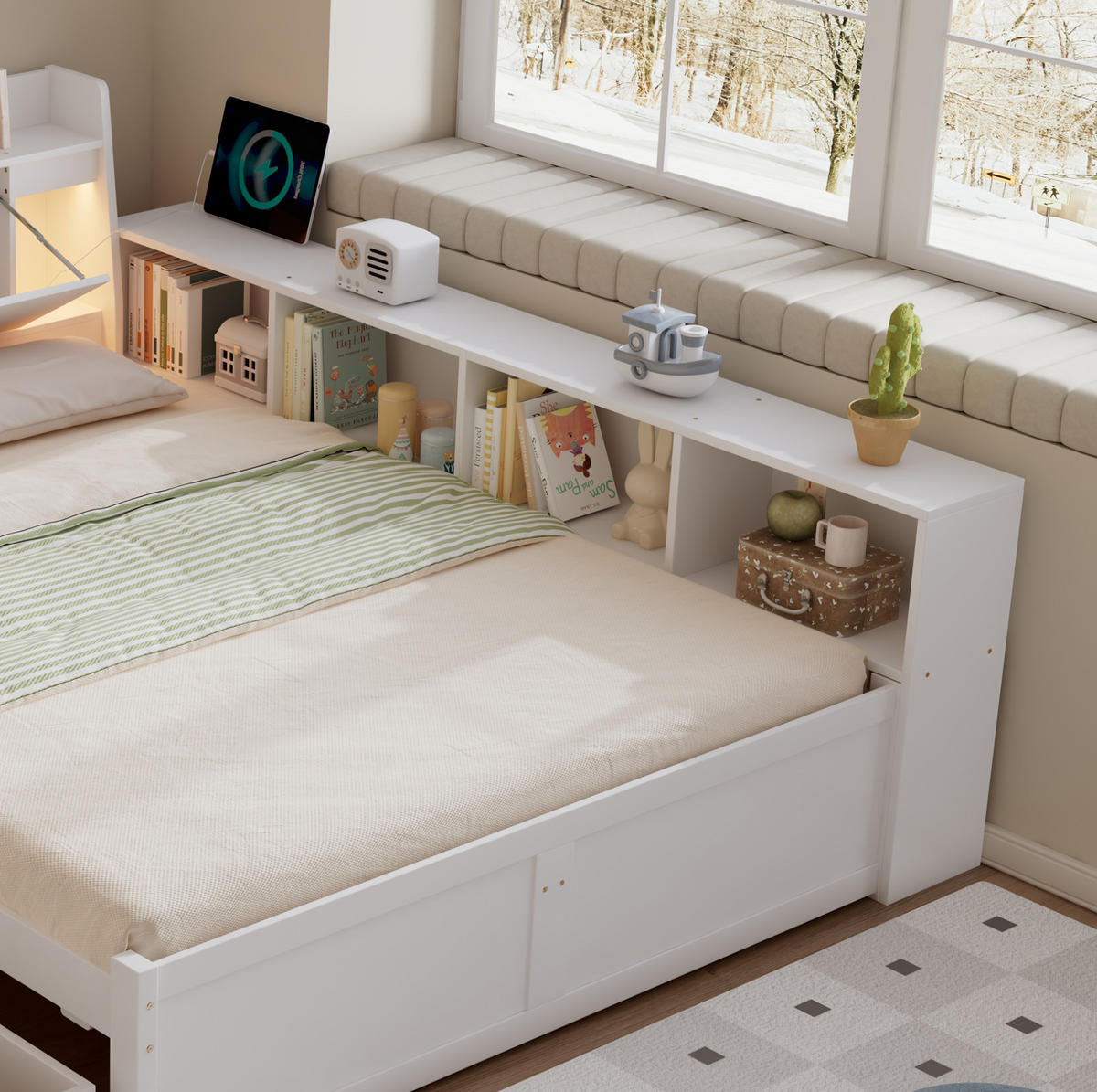 MANŽELSKÁ posteľ 140/200 cm biela s úložným čelom, osvetlením a nabíjacou zásuvkou z masívu a MDF - biela, drevo (140/200cm) - OKWISH