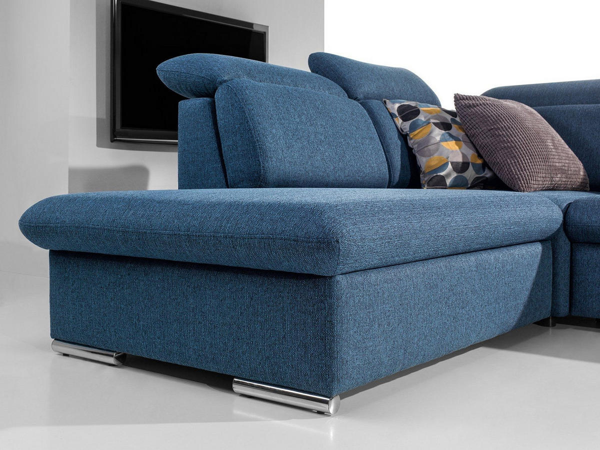 ECKSOFA ROSSI Blau Plüsch-Stoff mit Schlaffunktion - Blau, Holz (280/230cm) - MASSENO