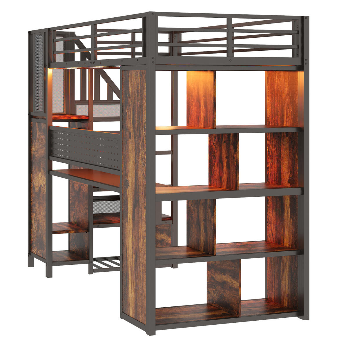 HOCHBETT Metall/Holz 90x200 cm Schwarz mit Schreibtisch, Stauraumtreppe, Kleiderschrank und LED - Schwarz, Metall (90/200cm) - Modfu