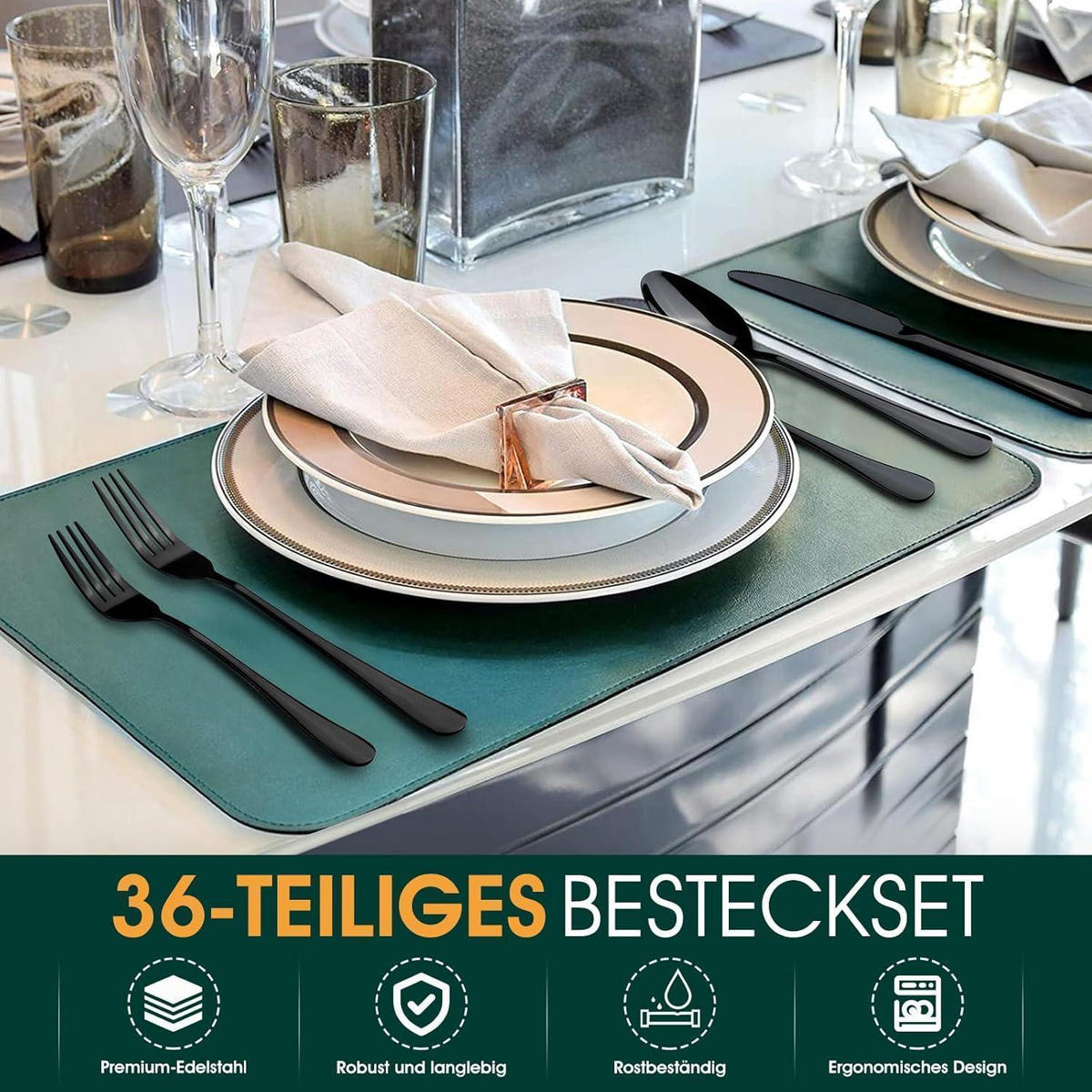 BESTECKSET 36-teilig Schwarz Edelstahl 6 Personen - Schwarz, Metall
