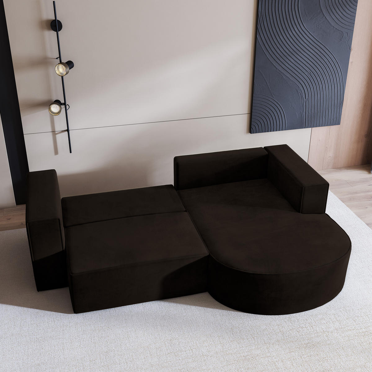 ECKSOFA SORELA M R-S Braun Velours-Stoff mit Schlaffunktion - Braun, Holz (263/174cm) - MASSENO