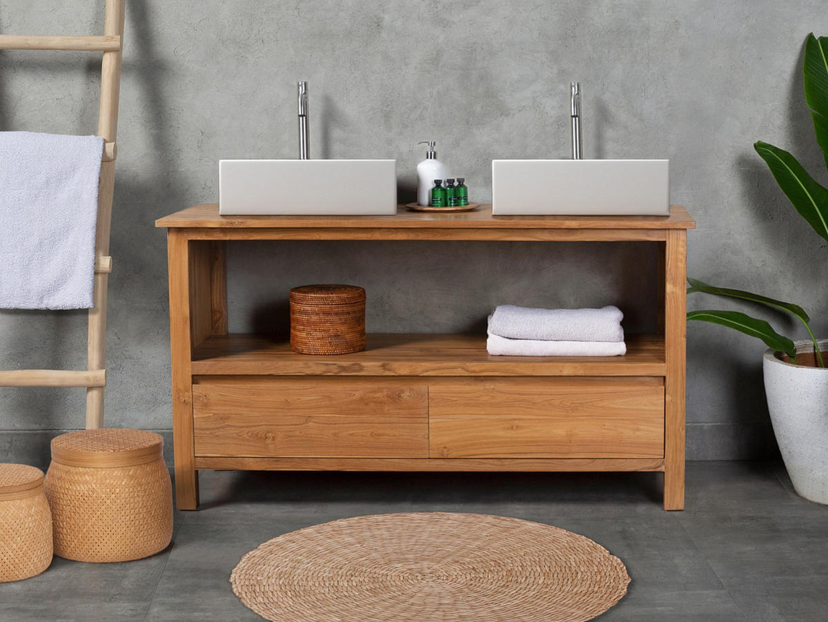 DOPPELWASCHTISCH - 135 x 50 - holz - naturfarben hell Ketapang - Weiß, Holz (135/75/50cm) - Vente-Unique