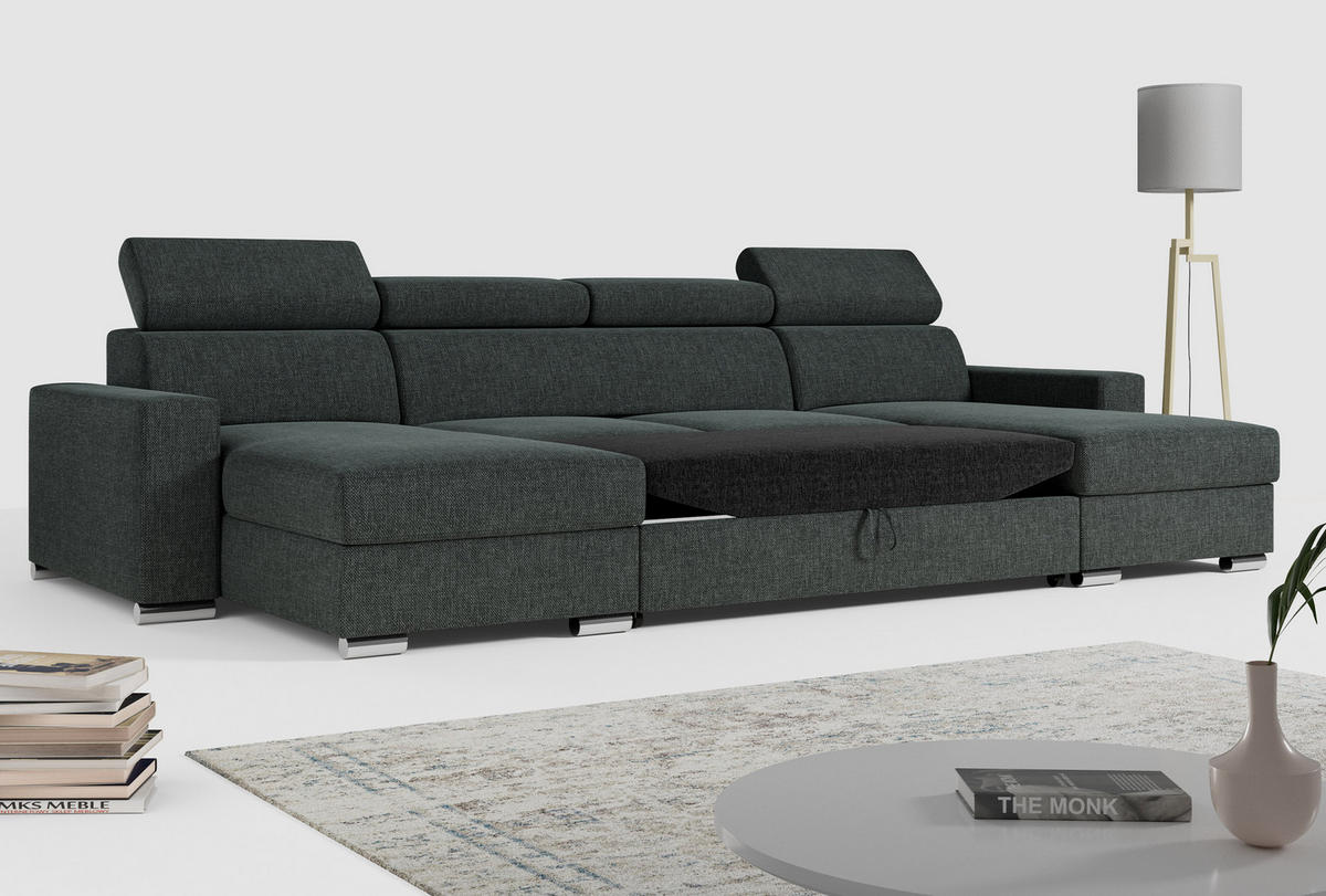 WOHNLANDSCHAFT FOX U Dunkelgrau - Velvet - Dunkelgrau/Silberfarben, Kunststoff/Textil (306/98/168cm) - MKS
