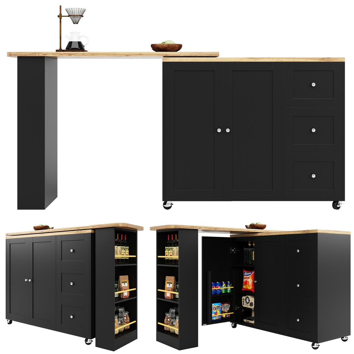 BARTISCHSCHRANK 360° drehbar auf Rollen 203 x 39 x 106 cm Schwarz - Schwarz, Holz (39/106/203cm) - Beauniv