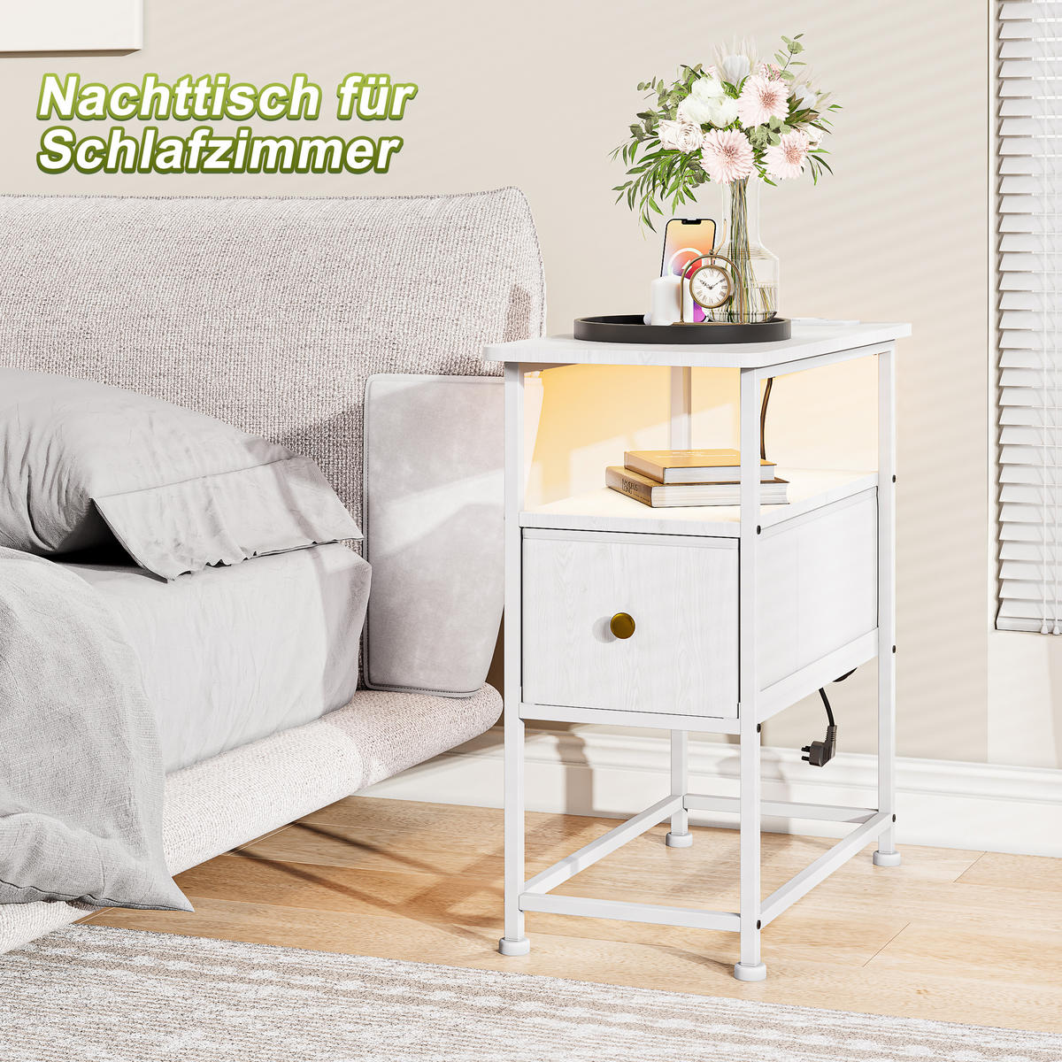 BEISTELLTISCH Weiß LED USB 1 Schublade - Weiß, Metall (60/30/62cm) - SHOPENTRA