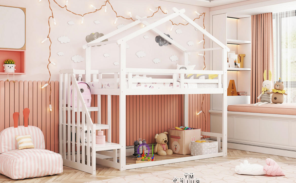 ETAGENBETT 90x200 cm niedrig Treppe weiß - Weiß, Holz (90/200cm) - LEBENLANG