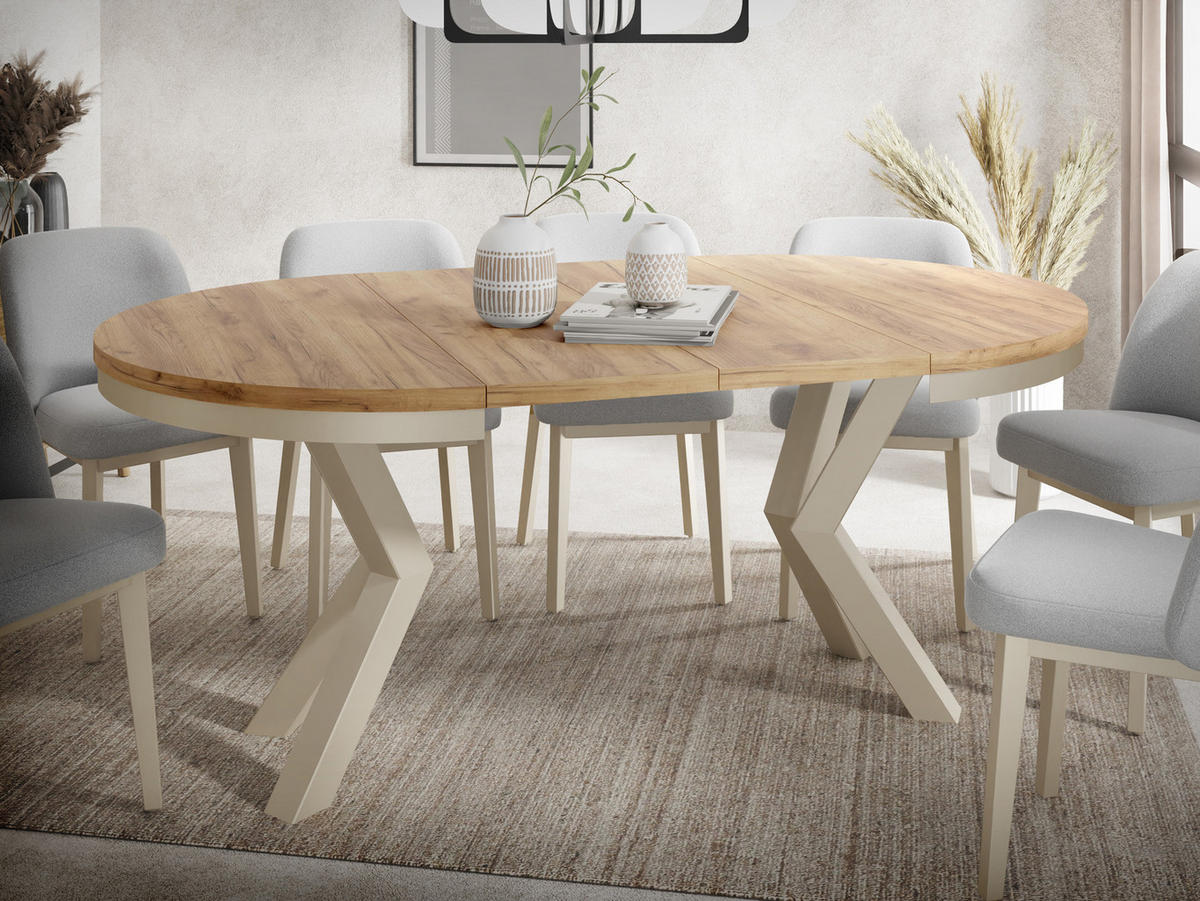 ESSTISCH Clara Beige Cashmere runder ausziehbarer, Craft Eiche 100-180/100/76 cm - Kaschmir/Eiche Wotan, Holzwerkstoff/Metall (100/100/76cm) - WFL GROUP