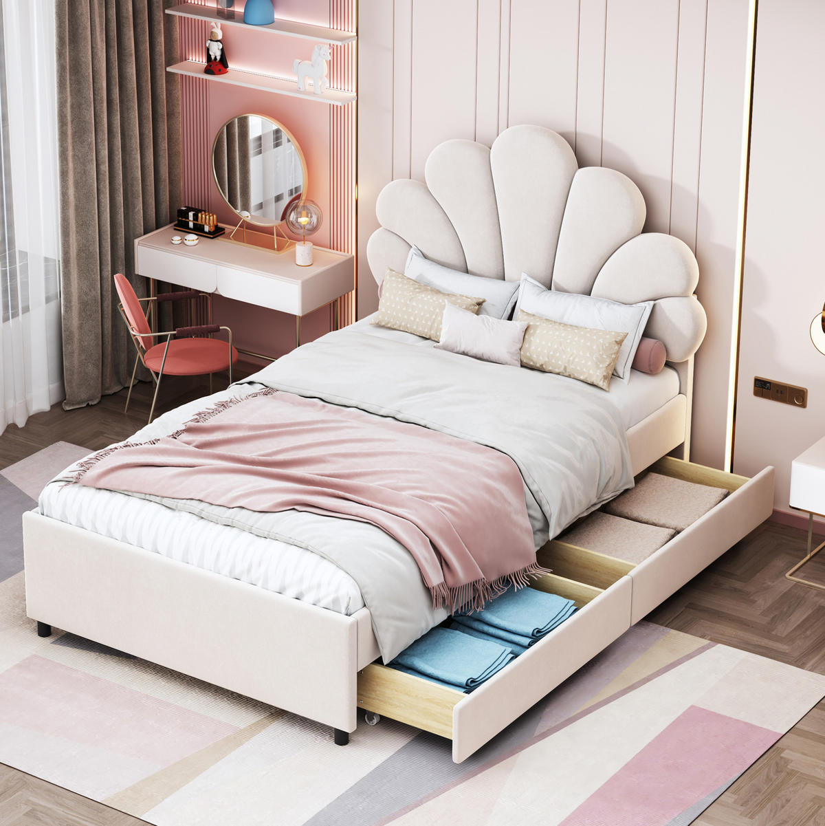 POLSTERBETT 90/200 cm Beige mit Lattenrost und 2 Schubladen - Beige, Textil (90/200cm) - MIVRAY