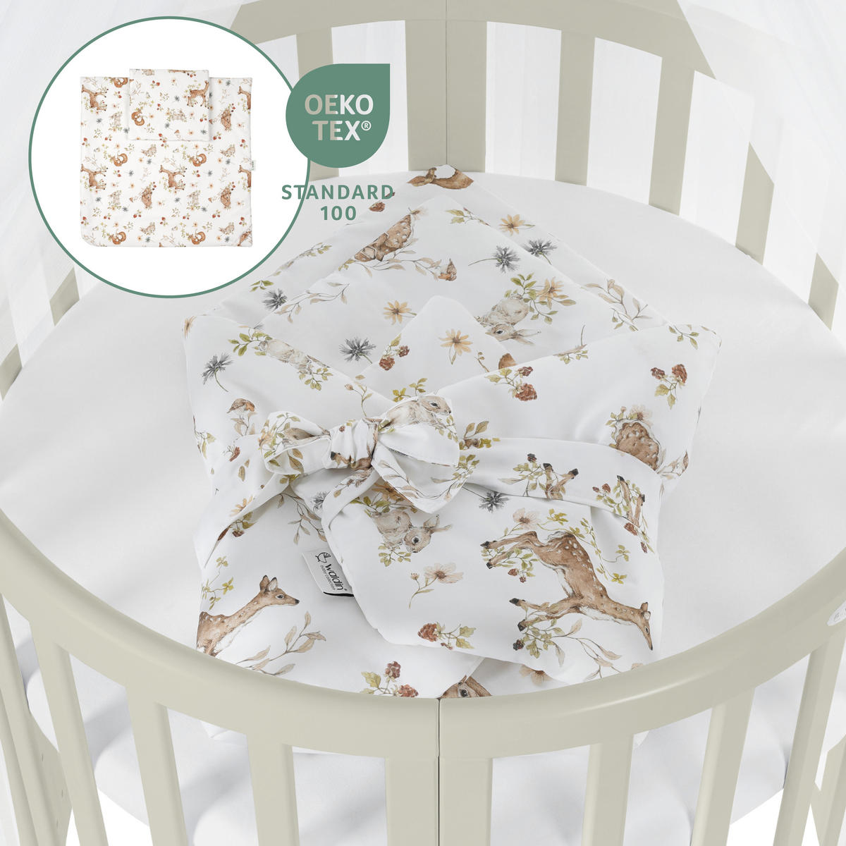 BABYBETT OLIVE OVAL 7in1 mit Matratze und Himmelset - Multicolor/Olivgrün, Holz/Textil