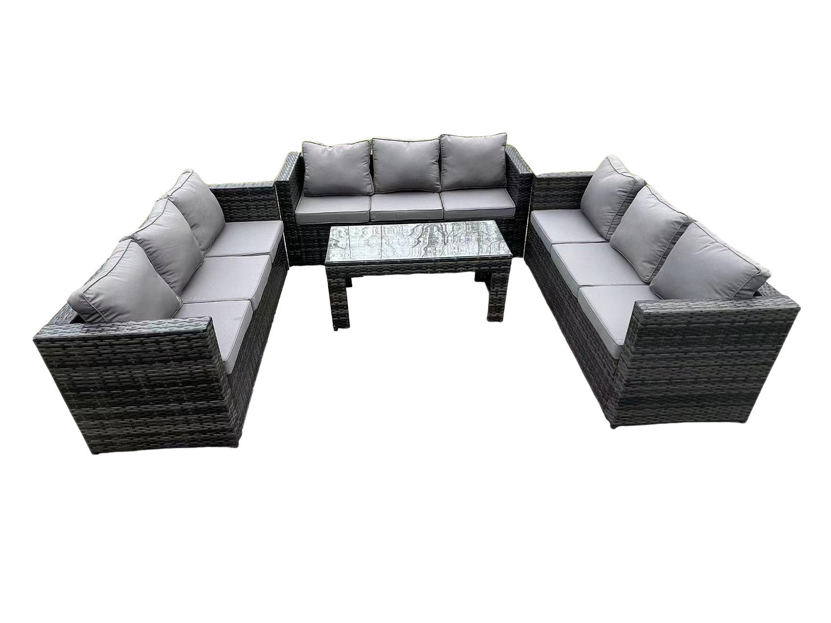 GARTENTISCHGRUPPE Polyrattan 9-Sitzer - Dunkelgrau/Grau, Glas/Kunststoff - Fimous