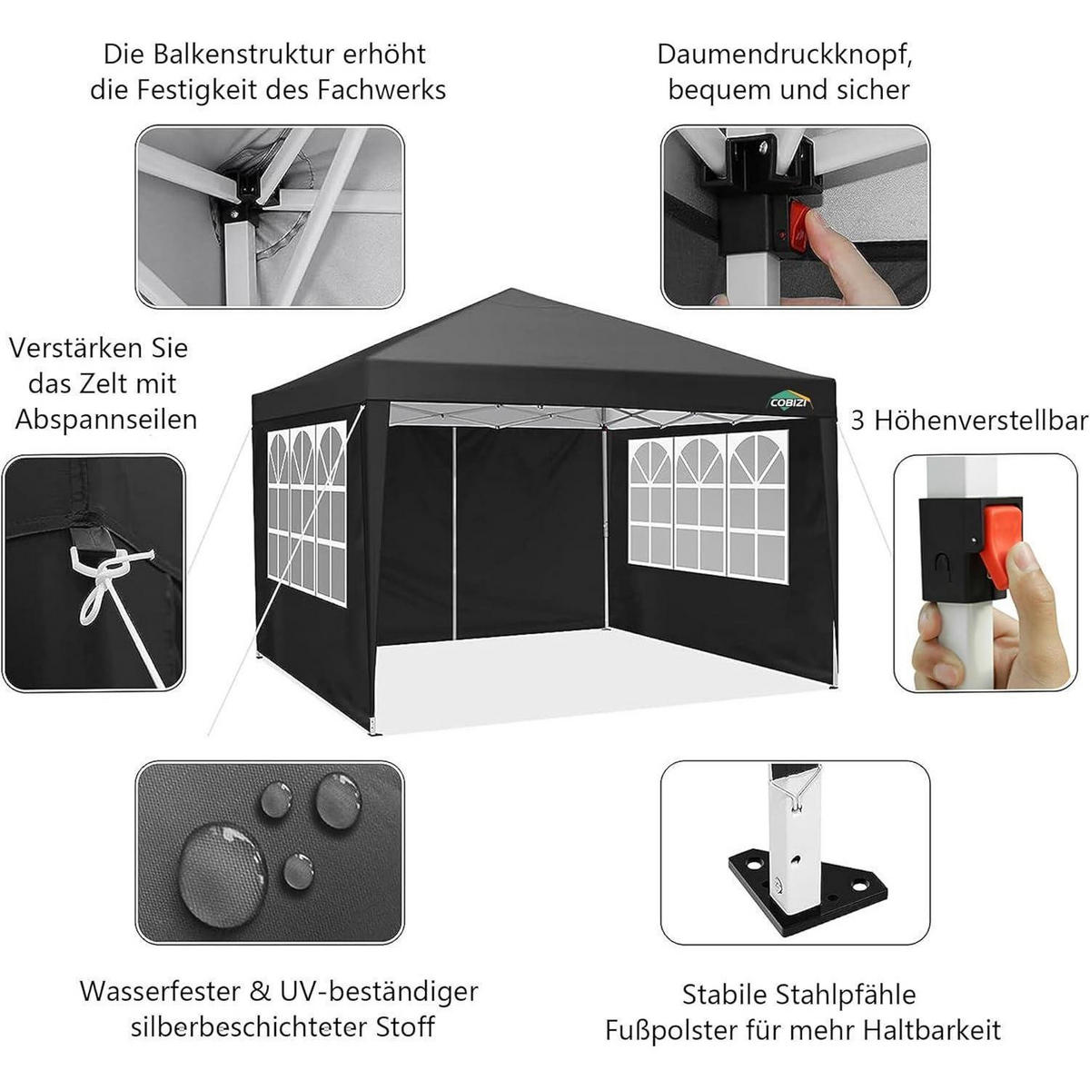 PAVILLON 3 x 3 m Schwarz mit 4 Seitenteilen - Schwarz, Textil (300/260/300cm)